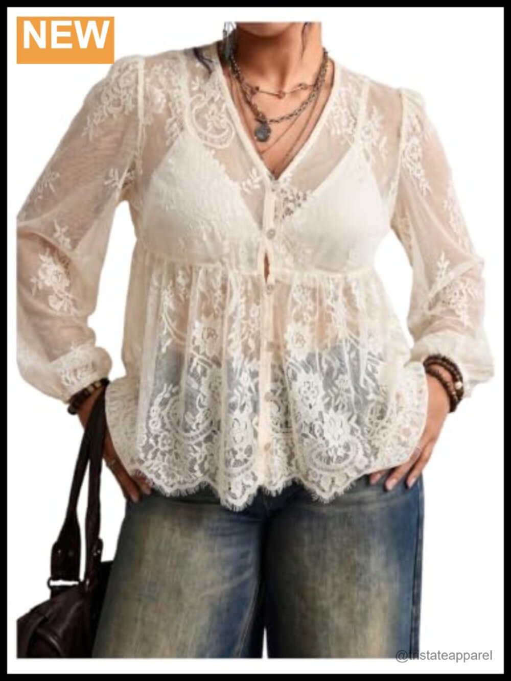 Plus Size Sheer Lace Peplum Top V Neck Long Sleeve Blouse